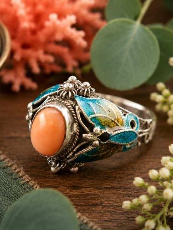 Jewelry - VINTAGE Coral and Cloisonné Enamel Butterfly Sterling Silver Ring, Size 7.5